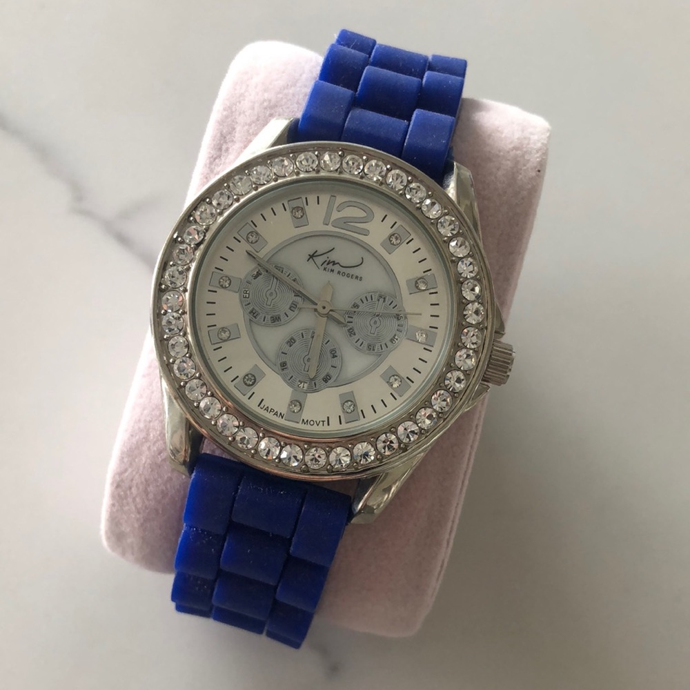 NWOT Kim Rodgers Bling Large Face Watch w/Blue Adjustable Silicone Band